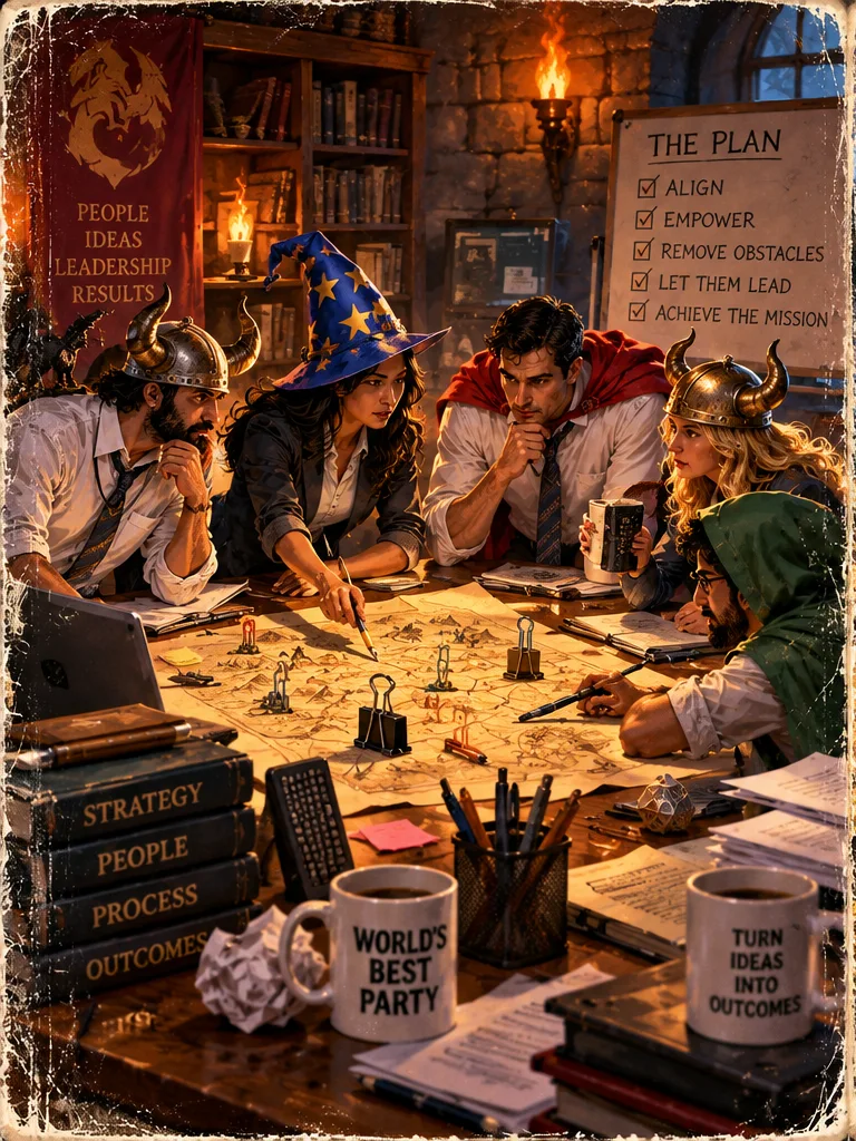 Office-worker adventurers in fantasy headgear plan together around a strategy map.