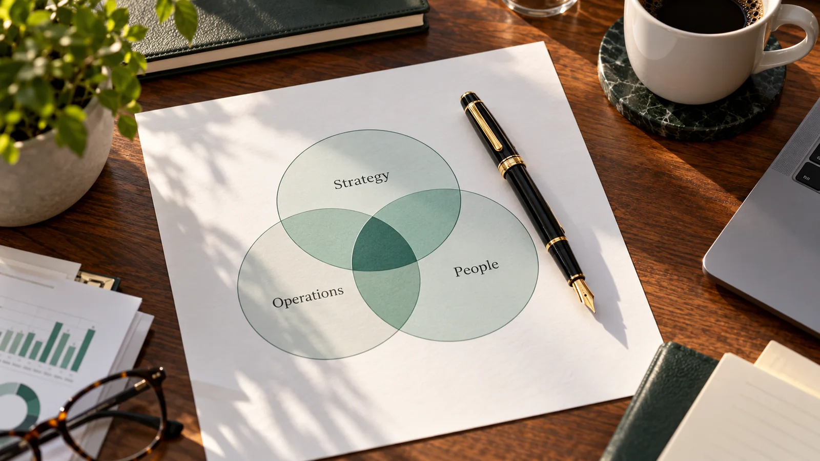 Business strategy and operating priorities arranged on a desk