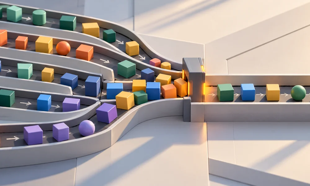 Workflow conveyor showing work building up at a bottleneck