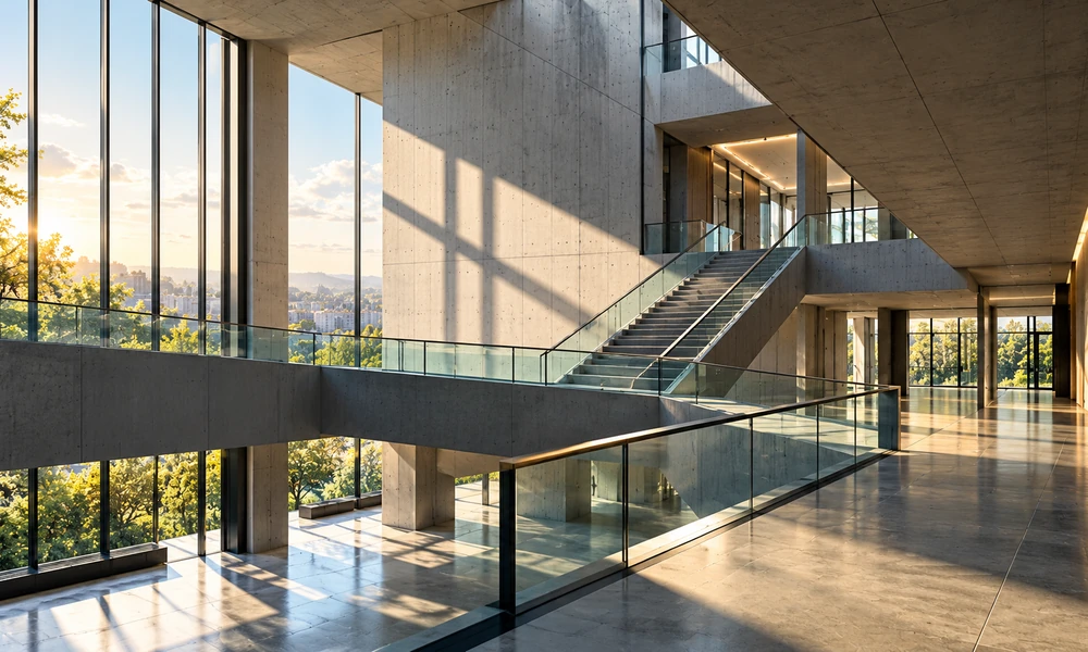 Sunlight illuminates intersecting walkways and a staircase inside a modern concrete atrium.