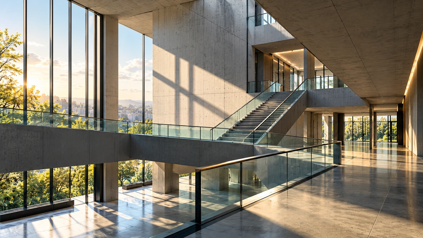 Sunlight illuminates intersecting walkways and a staircase inside a modern concrete atrium.