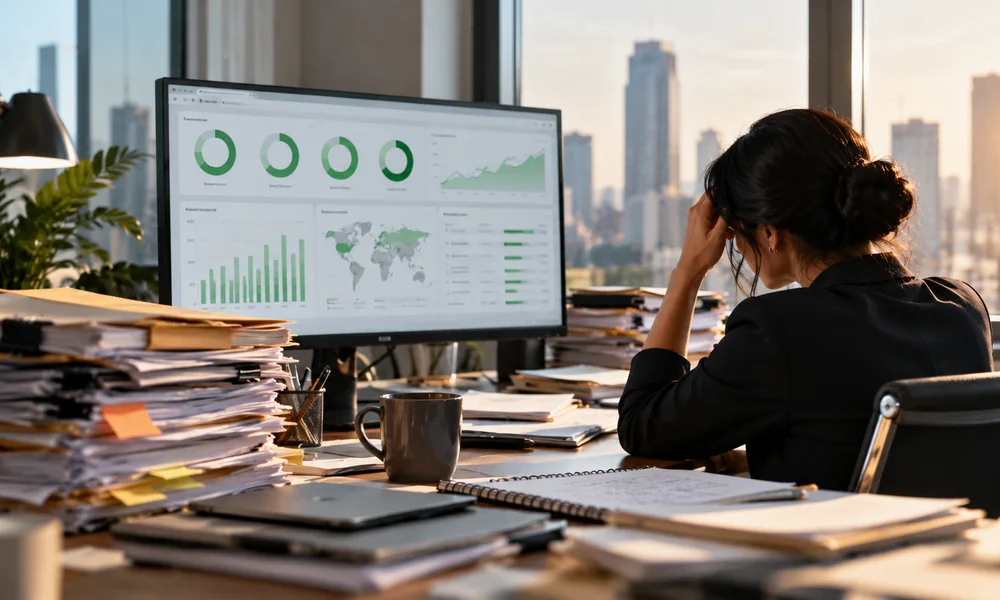 Executive reviewing performance dashboards while unfinished work accumulates