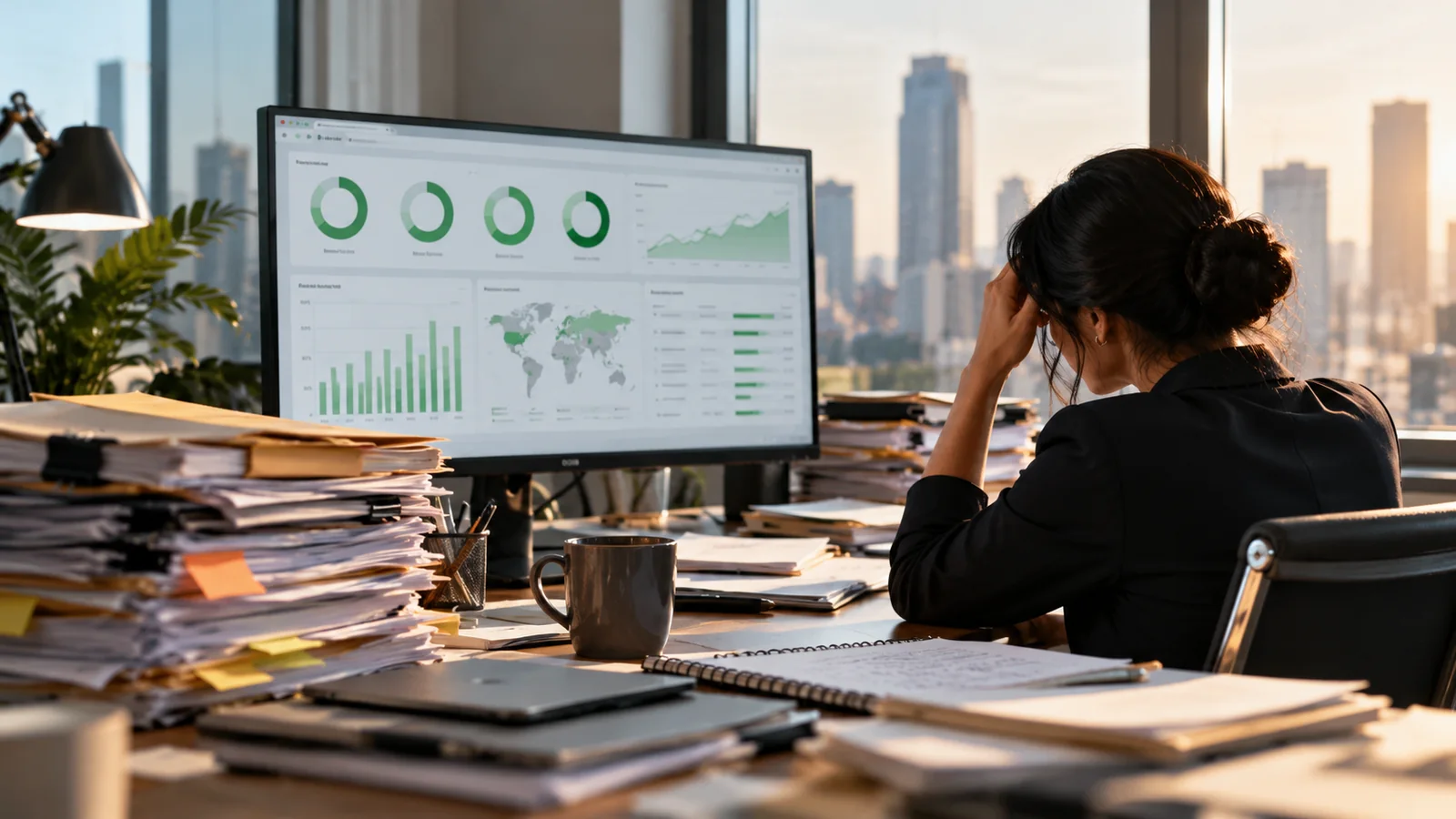 Executive reviewing performance dashboards while unfinished work accumulates
