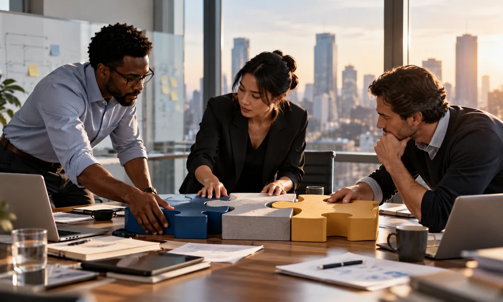 Team members collaboratively connecting pieces of a shared process