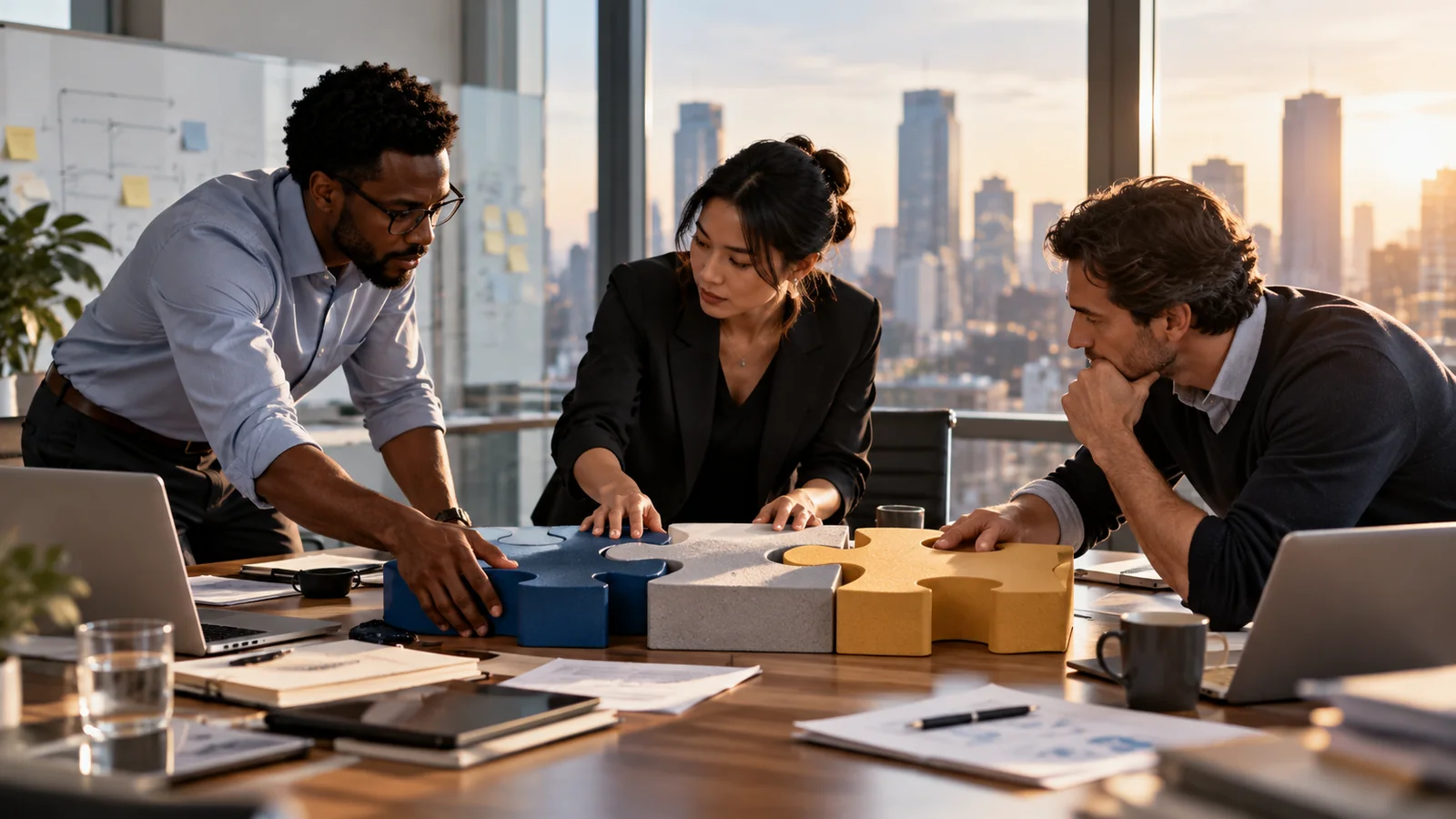 Team members collaboratively connecting pieces of a shared process