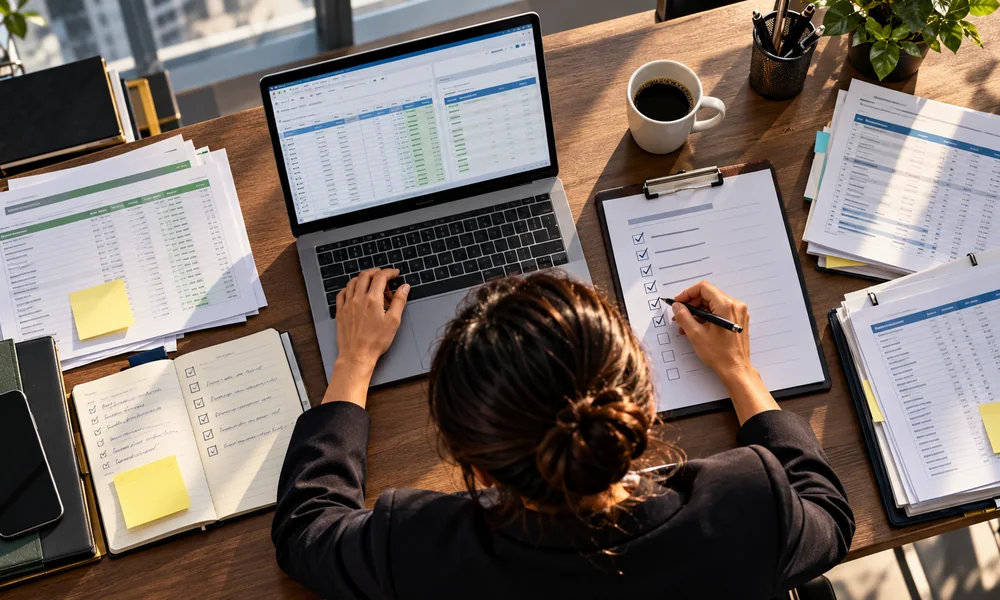 Executive workspace with overlapping spreadsheets and checklists