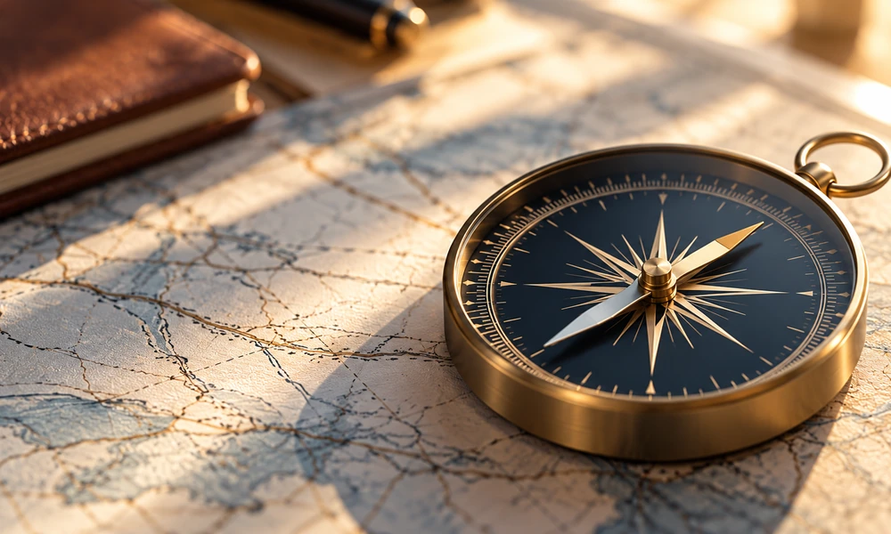 A brass compass rests on a map in warm natural light.