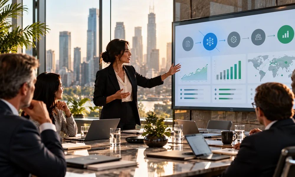Executives discussing AI strategy in a boardroom