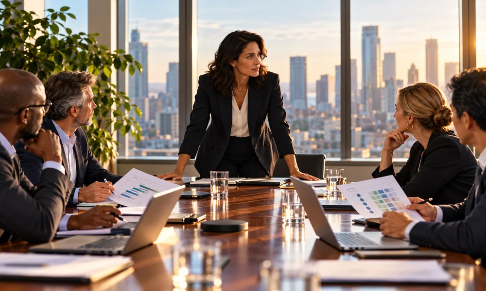 Strategic planning discussion overlooking a city skyline at sunset