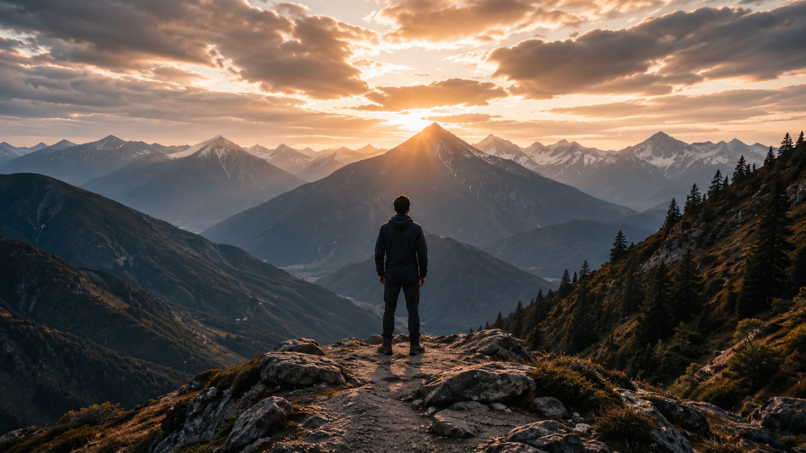 A person standing at a mountain overlook facing clearer light ahead, representing direction, understanding, and forward movement through change.