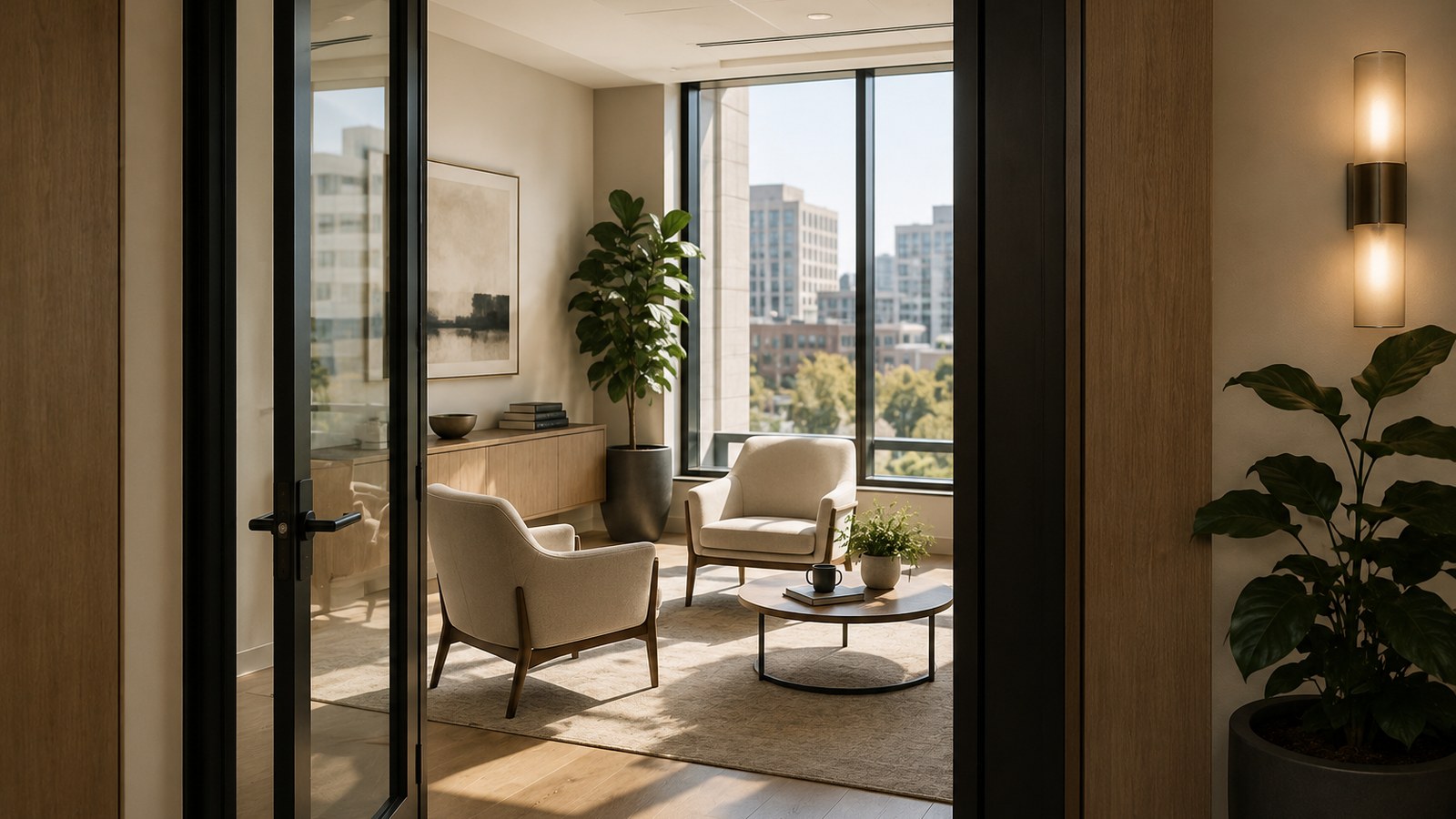 Open doorway into a calm modern conversation space with two chairs, representing an easy first conversation without barriers.