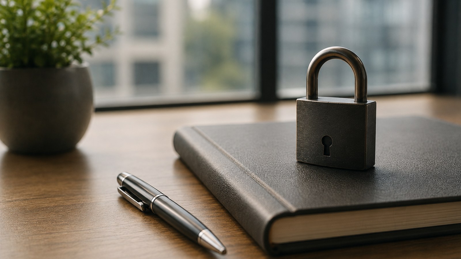 Small padlock on a closed notebook beside a pen in a quiet office, representing privacy, care, and responsible handling of information.