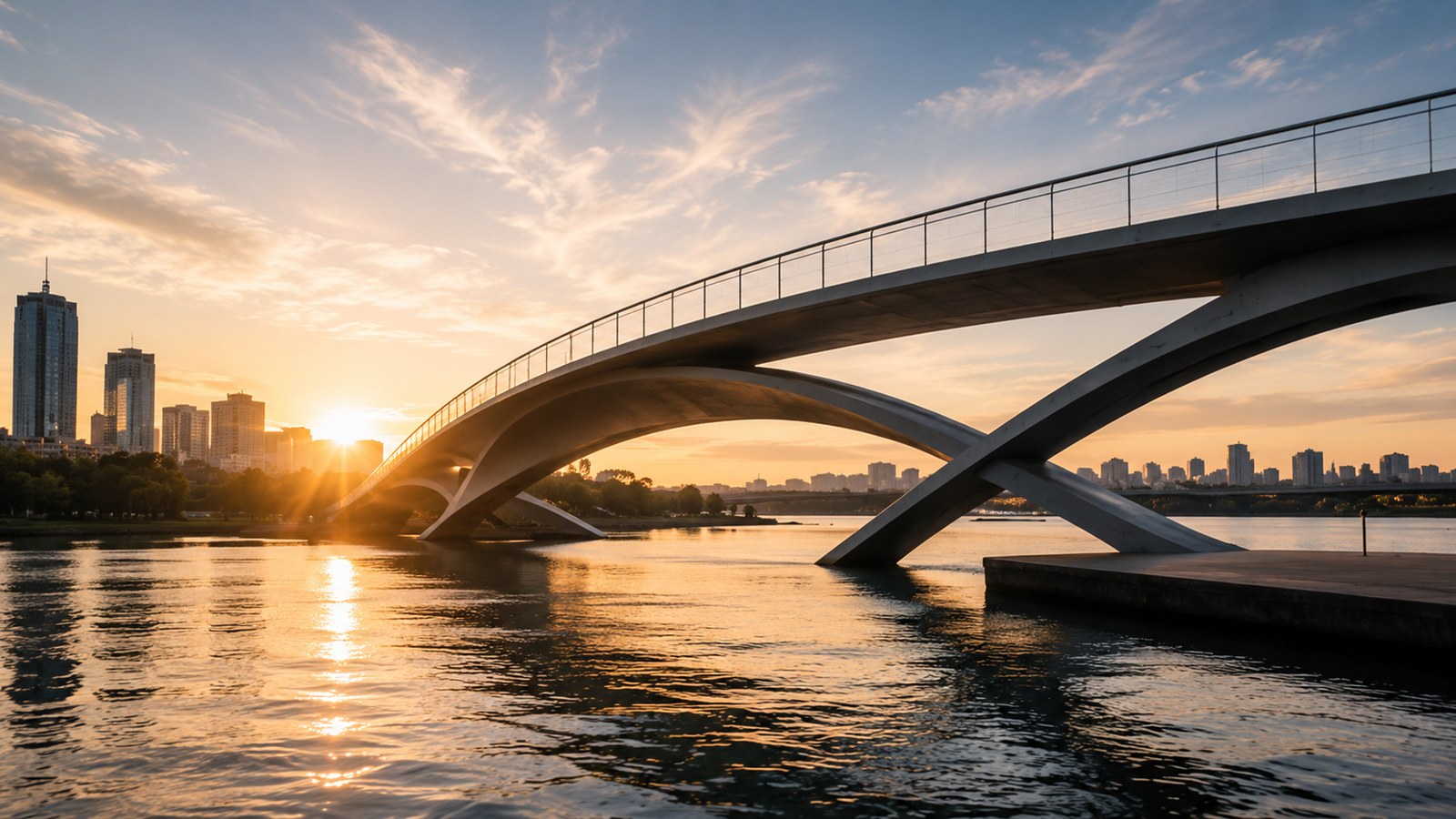 Modern bridge spanning calm water at sunrise, representing reduced friction, improved flow, and better ways of working.