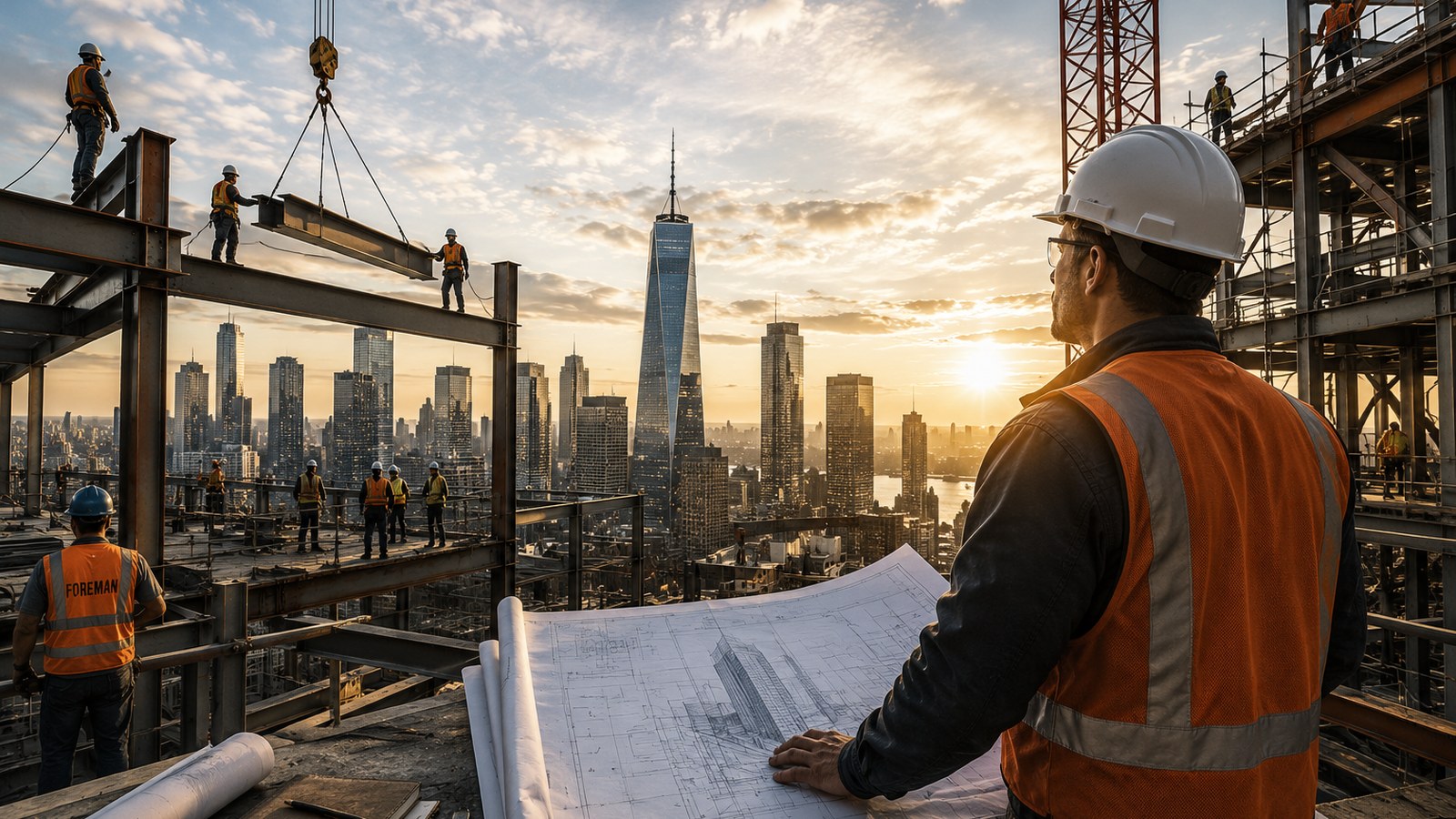 Foreman reviewing plans while steelworkers coordinate a high-rise construction site, representing structure, coordination, and delivery.